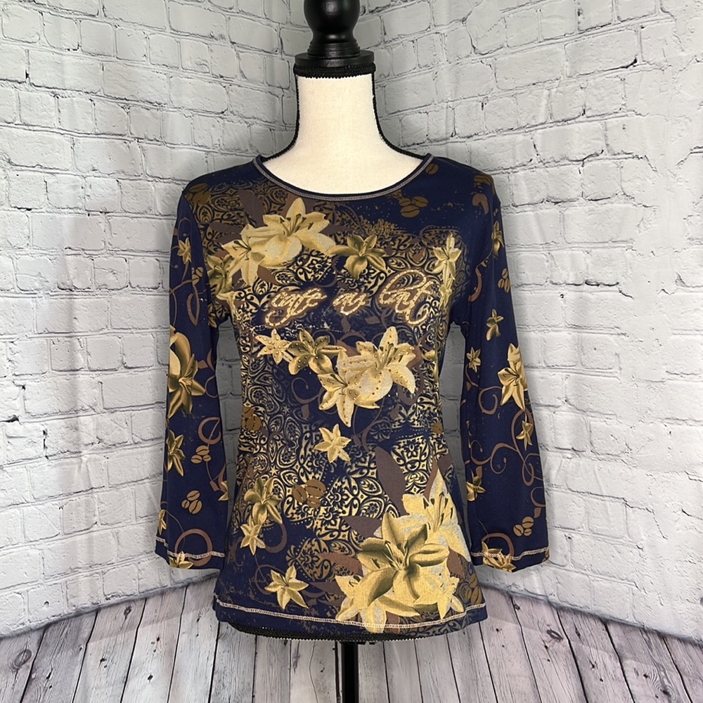 Vintage Suzie dark blue and gold embellished top with Flowers
